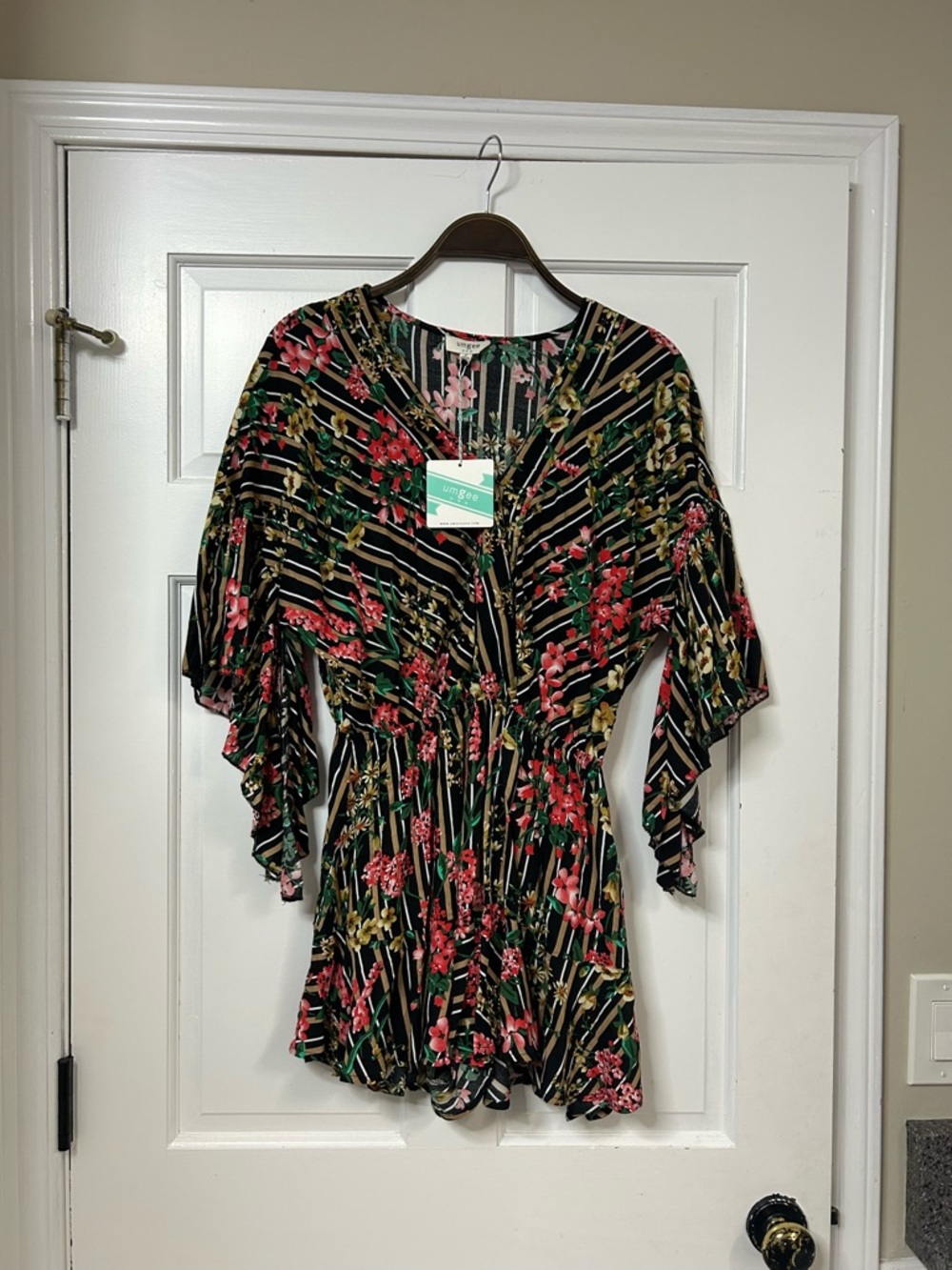 Umgee Black Floral Striped V-Neck Romper with Pink & Green Accents